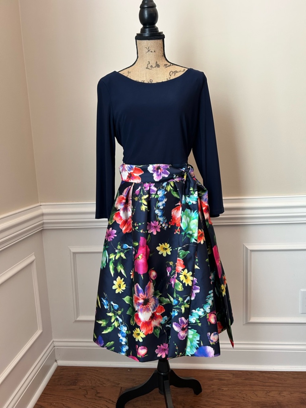 Floral Navy A-Line Dress with Tie